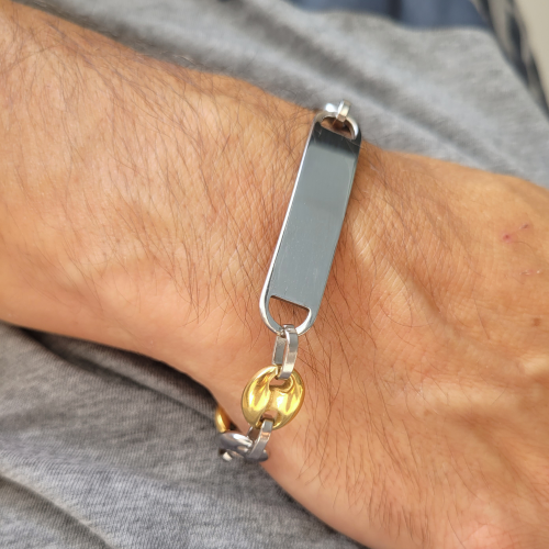 Bracciale Da Uomo Maglia Chicchi Di Caffè Bicolore Acciaio e Placca Personalizzabile in Oro Fino 22cm
