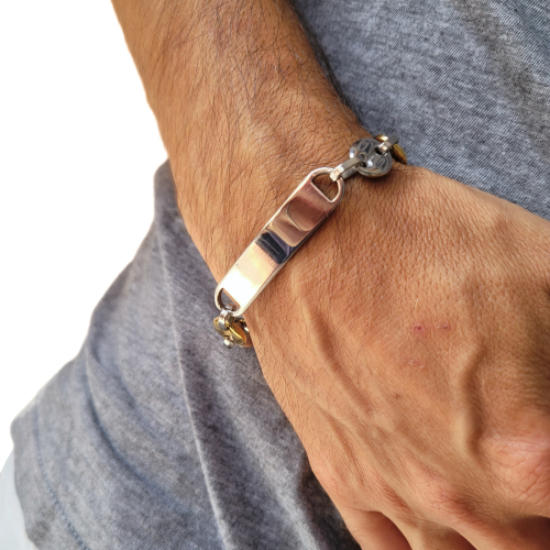 Armband für Herren, zweifarbig, Kaffeebohnen, Stahl und Feingold, anpassbare Platte, 22 cm