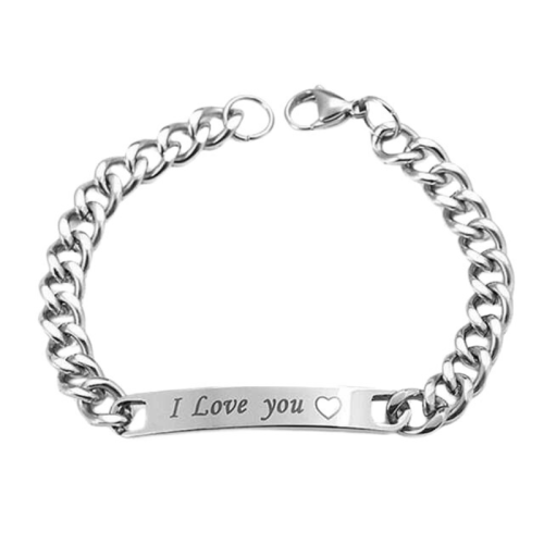 Grourmette Man Cuban Maglia Strap in acciaio La registrazione "I Love You" Plate personalizzata