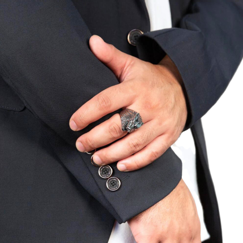 Men's ring solid steel wolf head wolf game of...