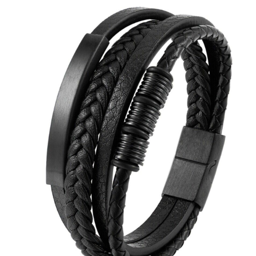 Bracelet Homme Cuir Noir Quatre Rangs et Insert Plaque Acier Inoxydable à Personnalisé