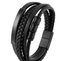 Bracelet Homme Cuir Noir Quatre Rangs et Insert Plaque Acier Inoxydable à Personnalisé