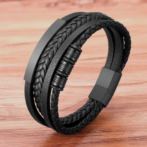 Men's Black Leather Bracelet Four Ranks and Insert Stainless Steel Plate for Customization