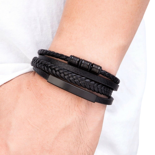 Bracelet for Men Black Leather Four Ranks and Insert Stainless Steel Plate for Customization