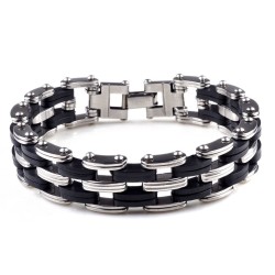 NUEVA PULSERA CURB DE ACERO INOXIDABLE Y CAUCHO NEGRO PARA HOMBRE