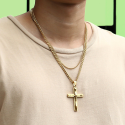 Set Halsketten und Anhänger Wellenförmiger Kreuz Mann Edelstahl Gold Fein und 2 kubanische Kanäle 3mm und 5mm