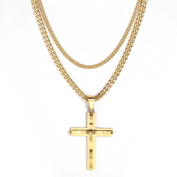 Set di collana da uomo in acciaio inox dorato, combinando due catene cubane e pendente a croce ondulata.