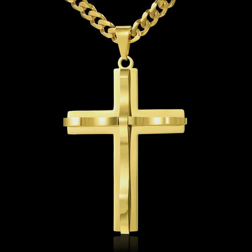 Set Halsketten Anhänger Wellenförmiger Kreuz Mann Edelstahl Gold Fein und 2 kubanische Kanäle 3mm und 5mm