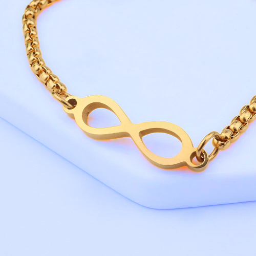 Bracciale da donna scorrevole regolabile con simbolo dell'infinito in acciaio fino placcato oro, chiusura personalizzabile