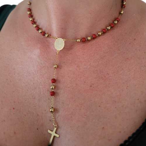 Frauen Hut Mädchen Halskette mit Kreuz und Medaillon Dame de Guadeloupe Gold Steel Rot Perlen Taufe Kommunion