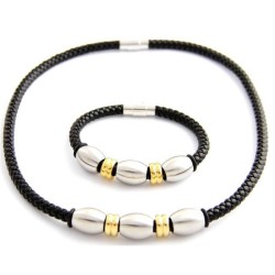PARURE BRACELET ET COLLIER FEMME  HOMME CUIR NOIR ET ACIER INOXYDABLE NEUF
