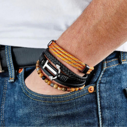 Pulsera para hombre de varias hileras de cuero negro,...