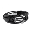Bracciale da uomo multifilo in pelle nera, ancora blu scuro, chiusura in acciaio, 21 cm