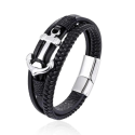 Pulsera para hombre de varias hileras de cuero negro, ancla azul marino, cierre de acero, 21cm