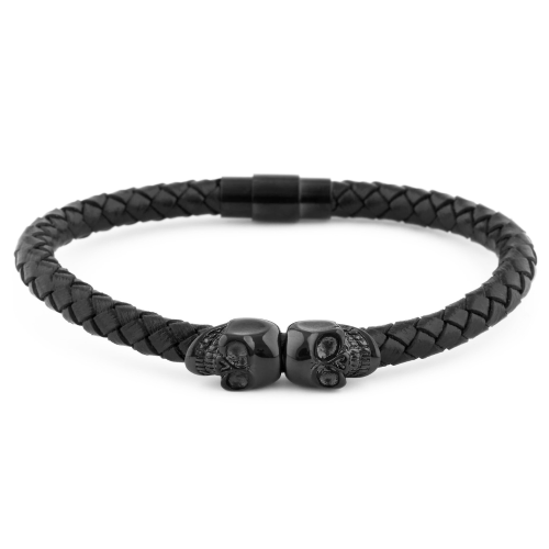 Braccialetto in pelle e teschi neri Biker