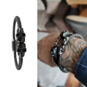 Bracelet Cuir Deux Têtes de Mort en Acier Inoxydable Noire Biker Fermoir Magnétique