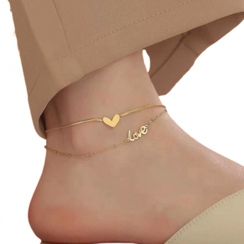 Cheville Chain for Women Stainless Steel Bracelet Gold-Folded Heart Love