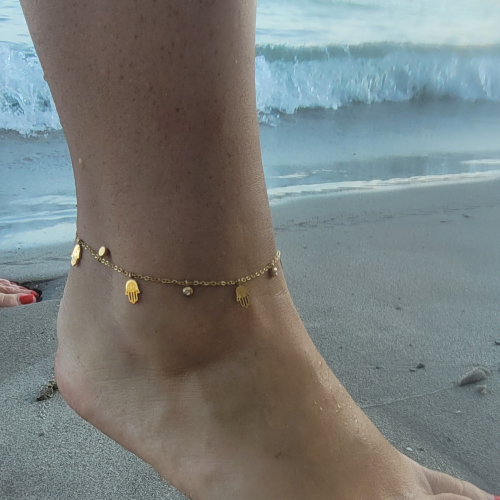Fatma Hamsa Hamsa Hand Toble Cadena Mujer Pulsera Golden Acero Inoxidable Oro Fine Beach