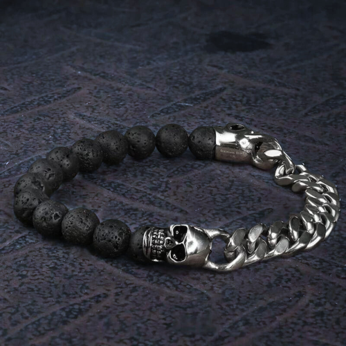 Bracelet Homme Double Têtes de mort avec Maille Cubaine en Acier argent et Pierre de Lave Volcanique Biker