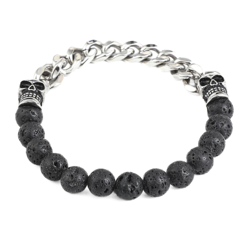 Bracciale doppio uomo teste di morte con cubano Maille in acciaio inossidabile e pietra lavica Volcanic Biker Rock