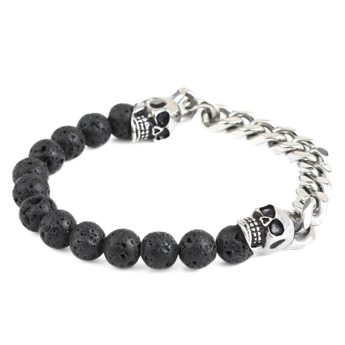 Bracelet Homme Double Têtes de mort avec Maille Cubaine en Acier Inoxydable et Pierre de Lave Biker
