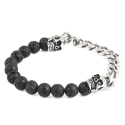 Bracelet Homme Double Têtes de mort avec Maille Cubaine en Acier Inoxydable et Pierre de Lave Biker