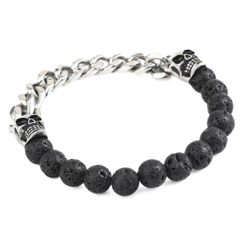 Double Men's Bracelet Death Heads with Cuban Maille Stainless Steel and Lava Stone Volcanic Biker