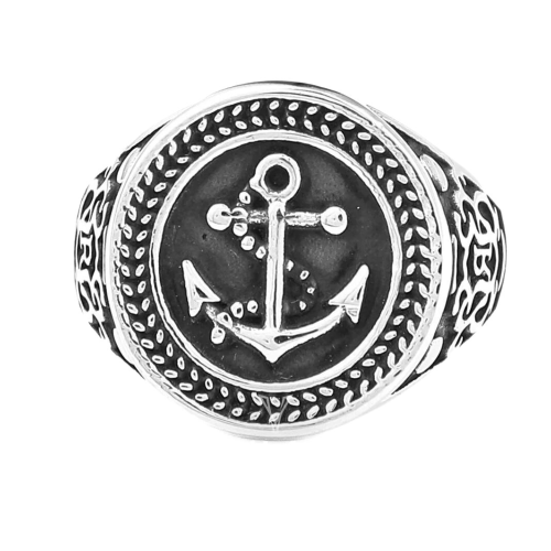 Bague Chevalière Homme en Acier Inoxydable Face Ancre Marine Bords Laurier