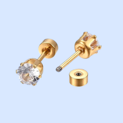 Par de esposa Pendientes de tornillo Puite Golden Acero inoxidable Fino Circón redondo Blanco 2