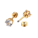Boucles d'oreilles à Vis Femme Puce en Acier Inoxydable Doré à l'Or Fin Zircon Rond Blanc