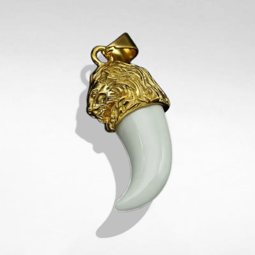 Dent Dent de Loup d'Opale Replica Lion Head for Men in Gold Plated Steel + Chain Coffee Seeds 60cm 7mm