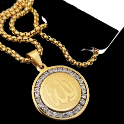 Pendentif femme acier plaqué or cristaux rond allah musulman arabe