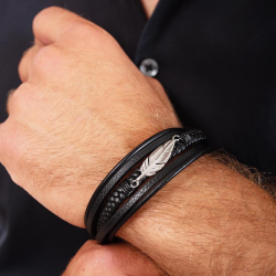 Bracelet man multi-rang leather black clasp and feather steel 21cm