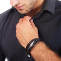 Pulsera hombre multi-rang cuero negro cierre con pluma de acero inoxidable 21cm