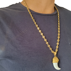 Replica ciondolo dente di lupo opale con testa di leone da uomo in acciaio placcato oro + catena di chicchi di caffè 60 cm 7 mm