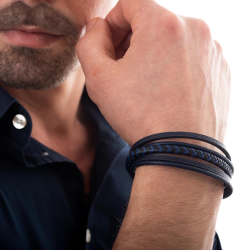 Bracciale uomo in pelle cinque righe di blu colore chiusura in acciaio nero