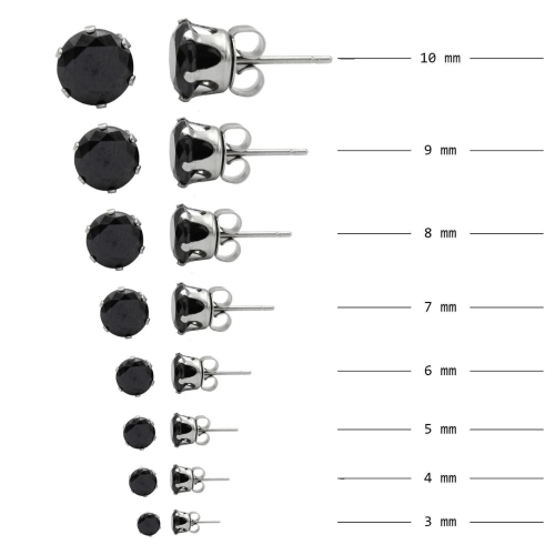 Pendientes de hombres de acero inoxidable de la mujer de los hombres con piedra redonda de óxido de circonio negro Diam 3mm 10mm