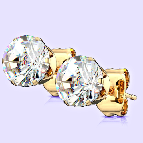 Boucles d'Oreilles Pierre Ronde zircon Blanc Pour Homme Femme Tige Fermoir Poussette Acier Doré à l'Or Fin