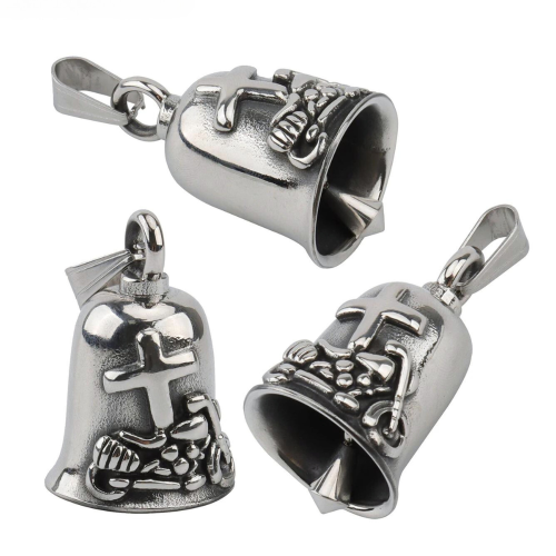 Gardian Bell Collier Pendentif Homme Clochette Moto Porte Bonheur Croix Biker Acier Inoxydable et Chaine Incluse
