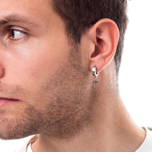 Orecchini a croce pendente per uomo in acciaio inox color argento