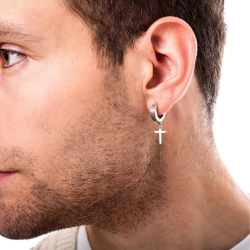 Orecchini con pendente a croce per uomo in acciaio inox color argento