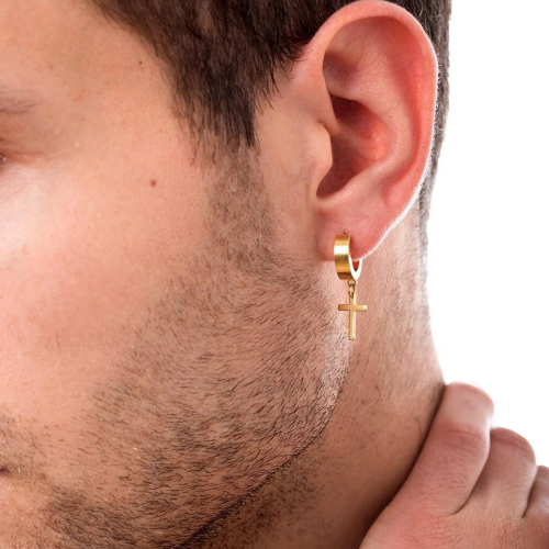 Boucles d'Oreilles avec Croix pendante pour Homme en Acier Inoxydable Couleur Or