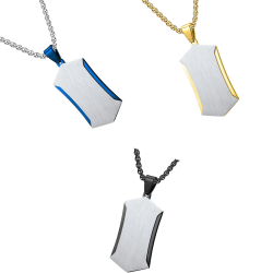 Collana pendente da uomo Lastra geometrica in acciaio spazzolato con bordi smussati rifiutati in blu, oro e nero.