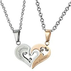 PAREJA COLGANTES CORAZON ACERO Y COBRE DORADO 2 CADENAS