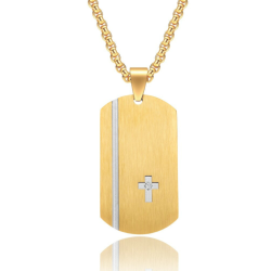 Collar de placa militar de los hombres en acero inoxidable de oro con oro fino con cinta de plata con textura y una pequeña cruz