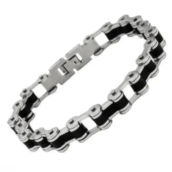 Men's curb biker bracelet, black silicone steel...