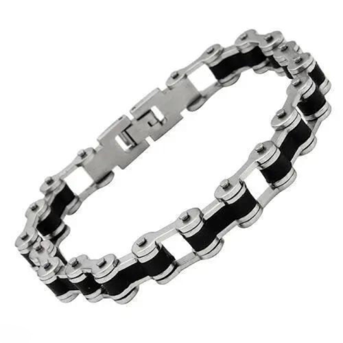 Men's curb biker bracelet, black silicone steel...
