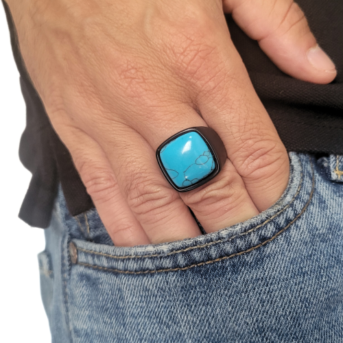 Anillo de hombre turquesa de acero inoxidable de color negro