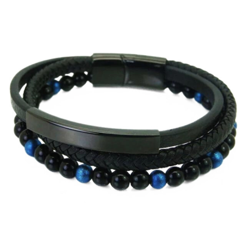 Men's multi-row leather bracelet with blue pearl and black steel plate