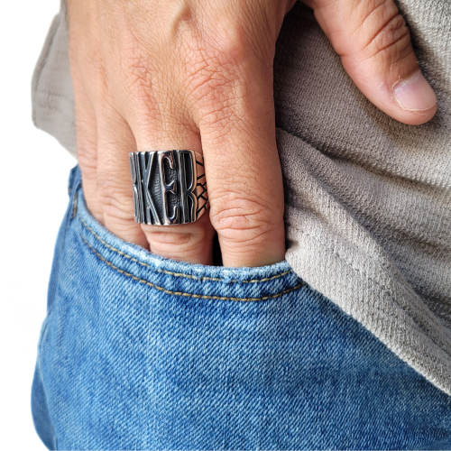 Chevalière bague Homme Motard Grosse Lettre Grande Taille Biker en Acier Inoxydable